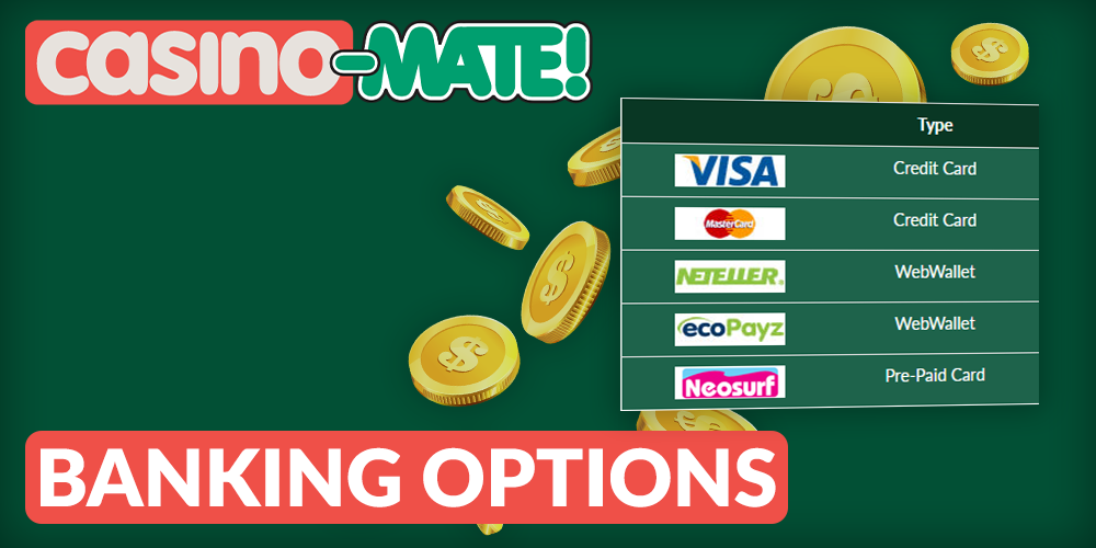 Banking options for deposit and withdrawal of funds at Casino Mate