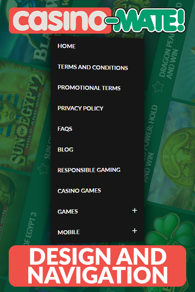 Main navigation menu at Mate Casino website