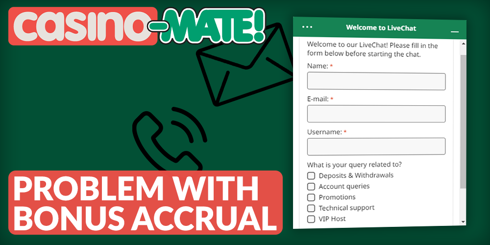 Instructions on what to do if you can't get a bonus at Casino Mate, Live Chat form